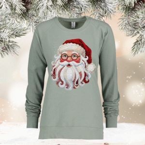 patchwork santa on greenstone enza midweight pullover crew
