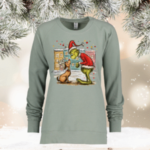 patchwork santa on greenstone enza midweight pullover crew