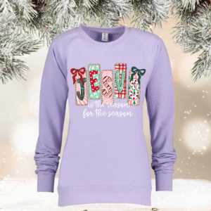 patchwork santa on greenstone enza midweight pullover crew