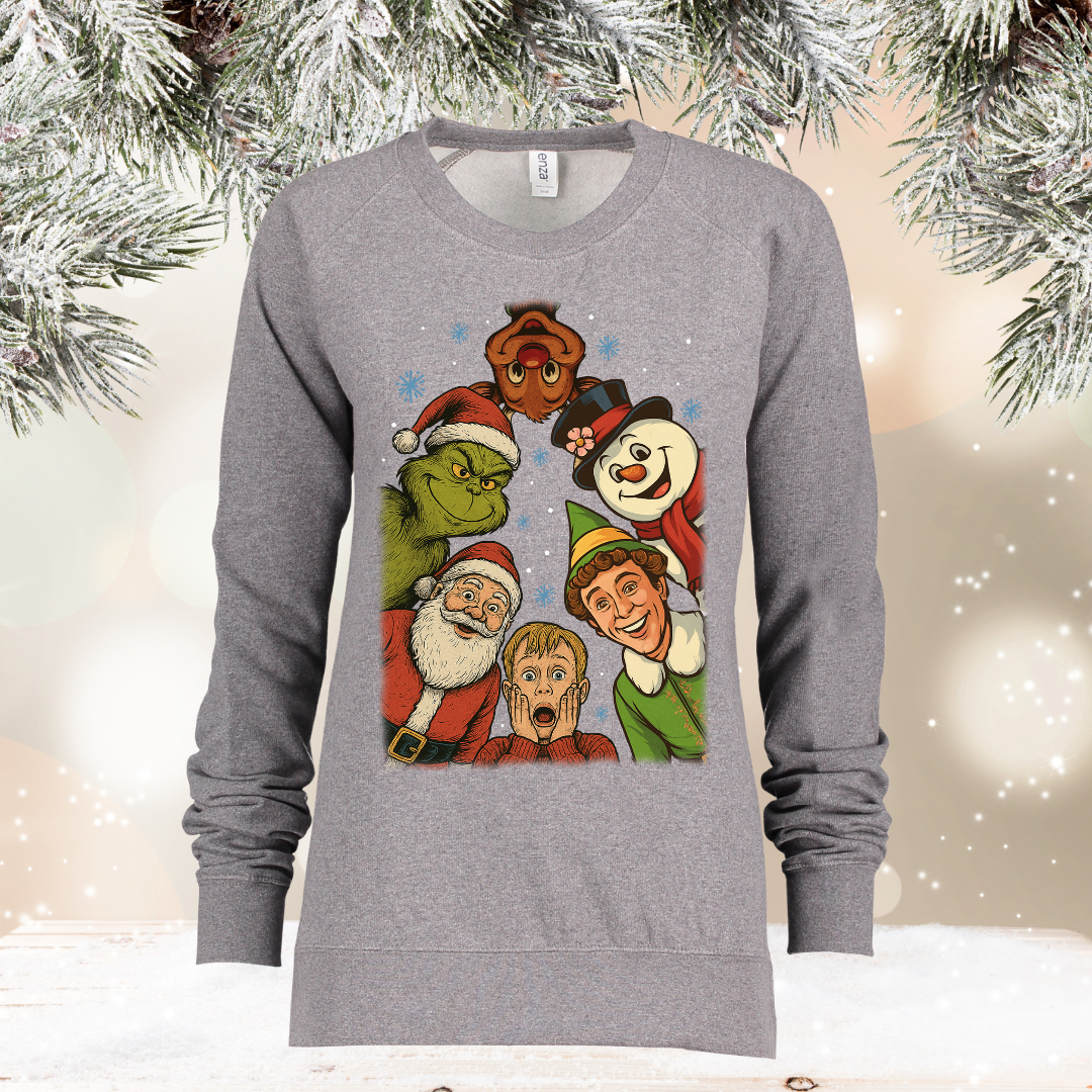 patchwork santa on greenstone enza midweight pullover crew