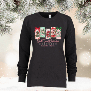 patchwork santa on greenstone enza midweight pullover crew