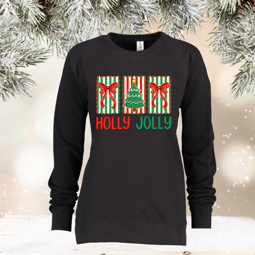 patchwork santa on greenstone enza midweight pullover crew