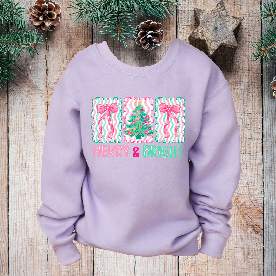 pastel merry and bright on orchid youth fleece crew