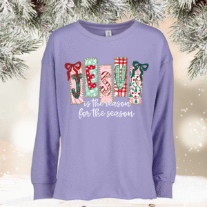 christmas characters on athletic heather raw hem enza sweatshirt (copy)
