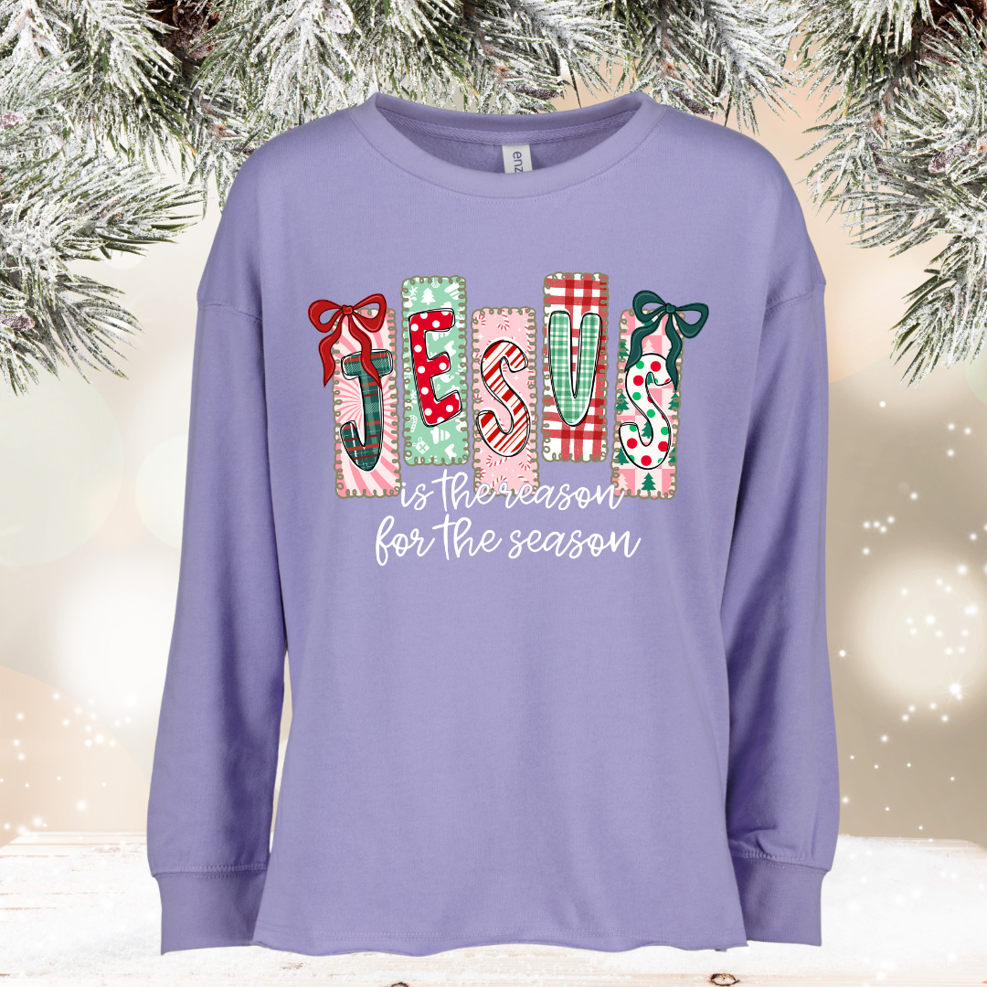 christmas characters on athletic heather raw hem enza sweatshirt (copy)