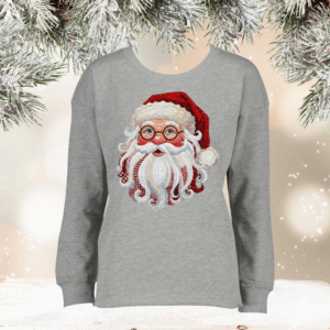 patchwork santa on athletic heather hem enza sweatshirt