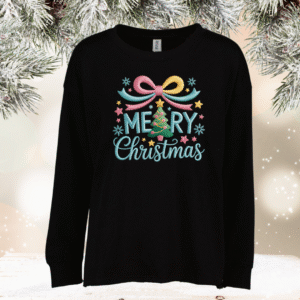 bright merry christmas on black raw hem enza sweatshirt